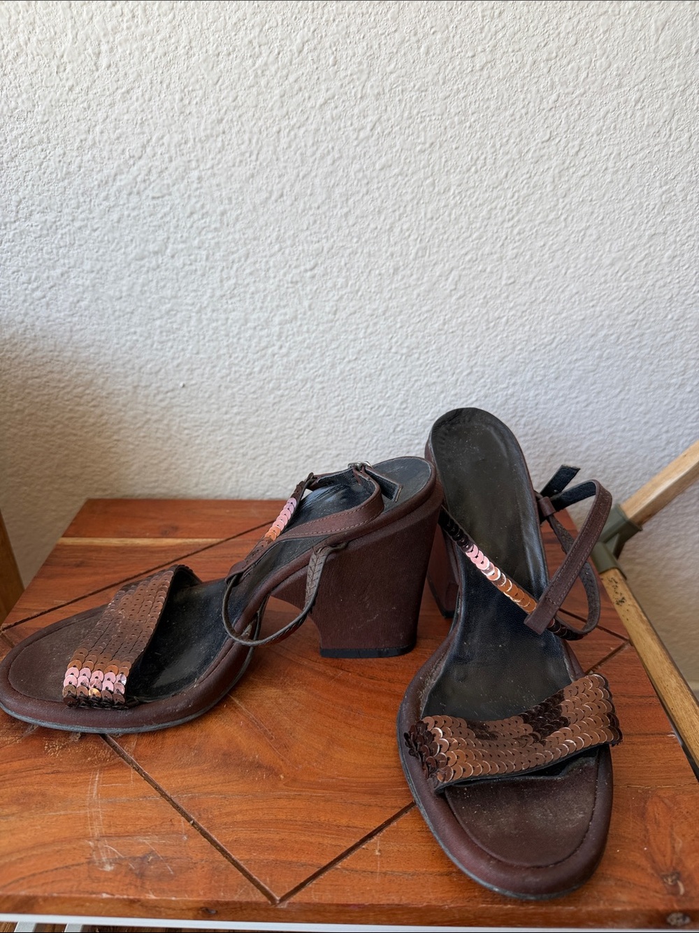 BCBG Max Azria: Brown Sequin Block Heel Sandals